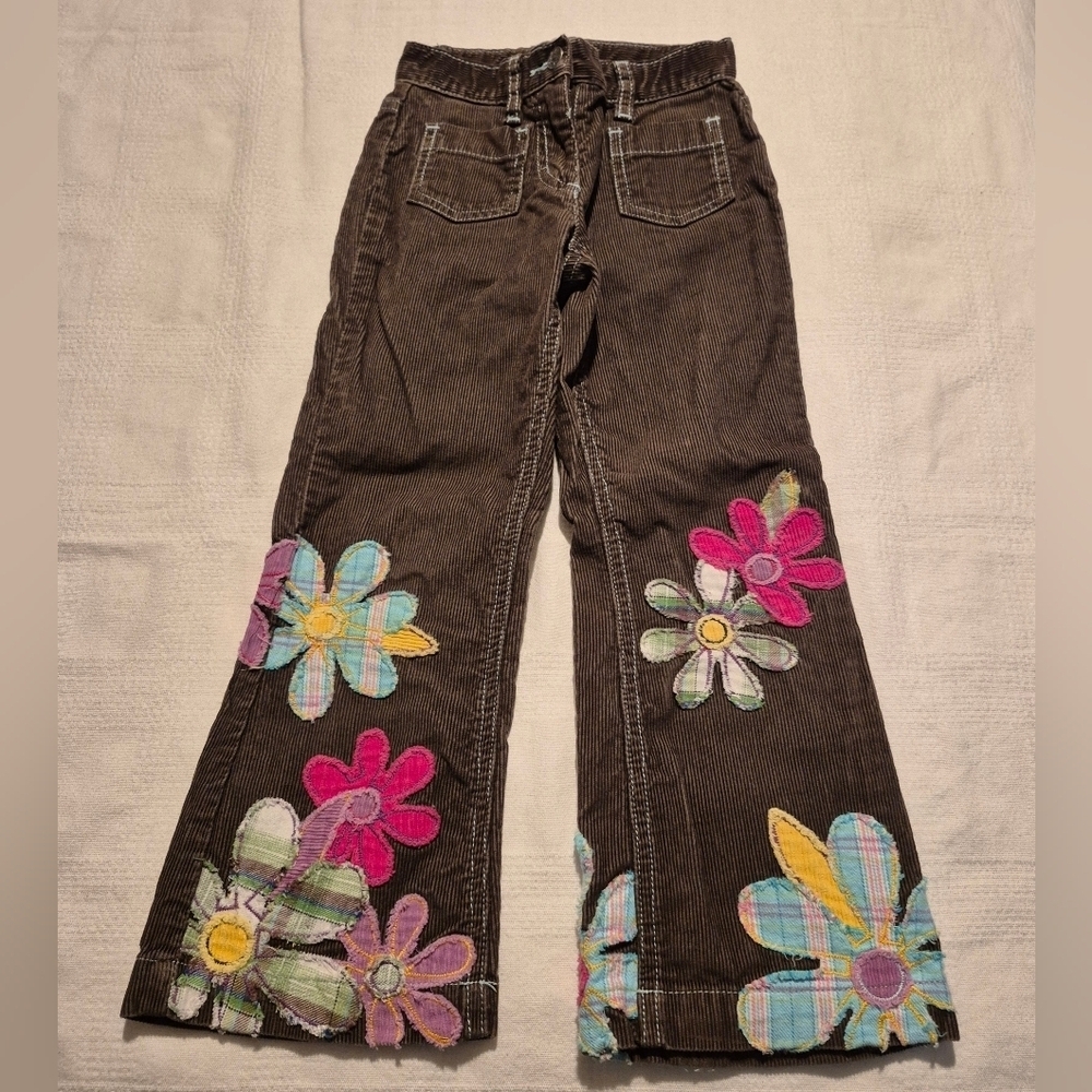 Mini Boden girls size 5/6 years brown corduroy pants with applique flowers spots